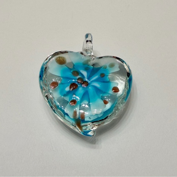 Blue Ombré Flower in Hand-Blown Glass Heart Implosion Art Glass Necklace Pendant - Picture 6 of 6